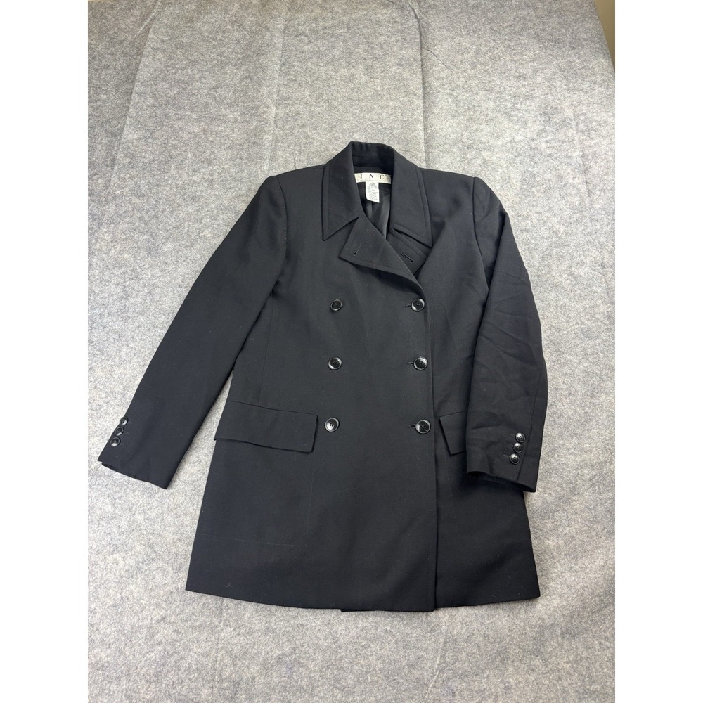 INC‎ Black Women's 2 Double Breasted Jacket Long Blazer 100% Wool Preppy Career
